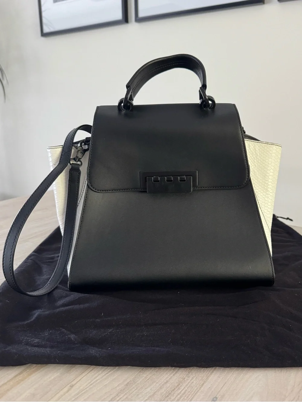 Zac Posen Black and White Structured Top-Handle Women's Bag
